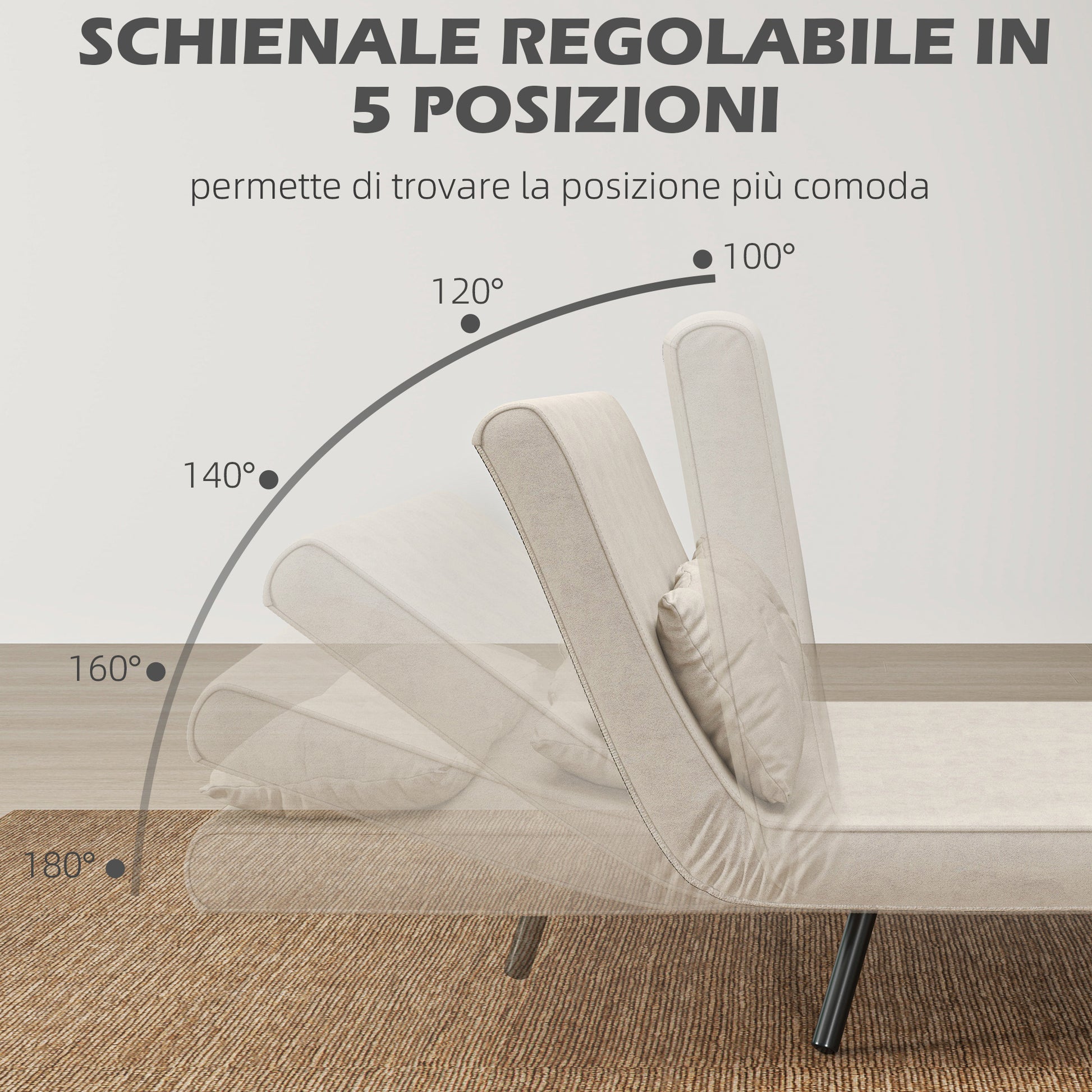 2-Seater Sleeper Sofa with 5-Position Adjustable Backrest, Fold-Out Double Bed with 2 Pillows for Living Room, Upholstered Fabric, Steel and Wood, 102x73x81 cm, Cream