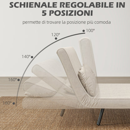 2-Seater Sleeper Sofa with 5-Position Adjustable Backrest, Fold-Out Double Bed with 2 Pillows for Living Room, Upholstered Fabric, Steel and Wood, 102x73x81 cm, Cream