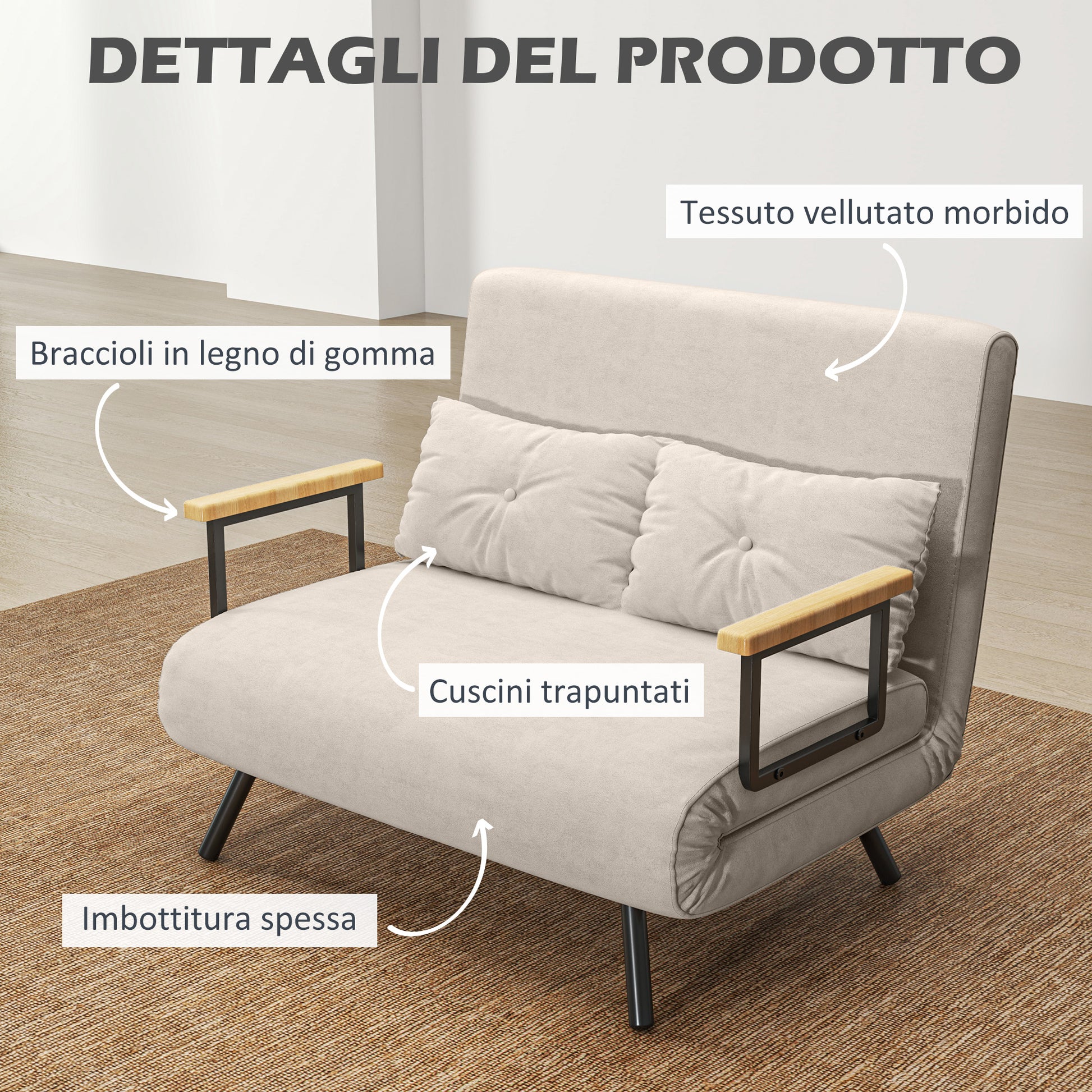 2-Seater Sleeper Sofa with 5-Position Adjustable Backrest, Fold-Out Double Bed with 2 Pillows for Living Room, Upholstered Fabric, Steel and Wood, 102x73x81 cm, Cream