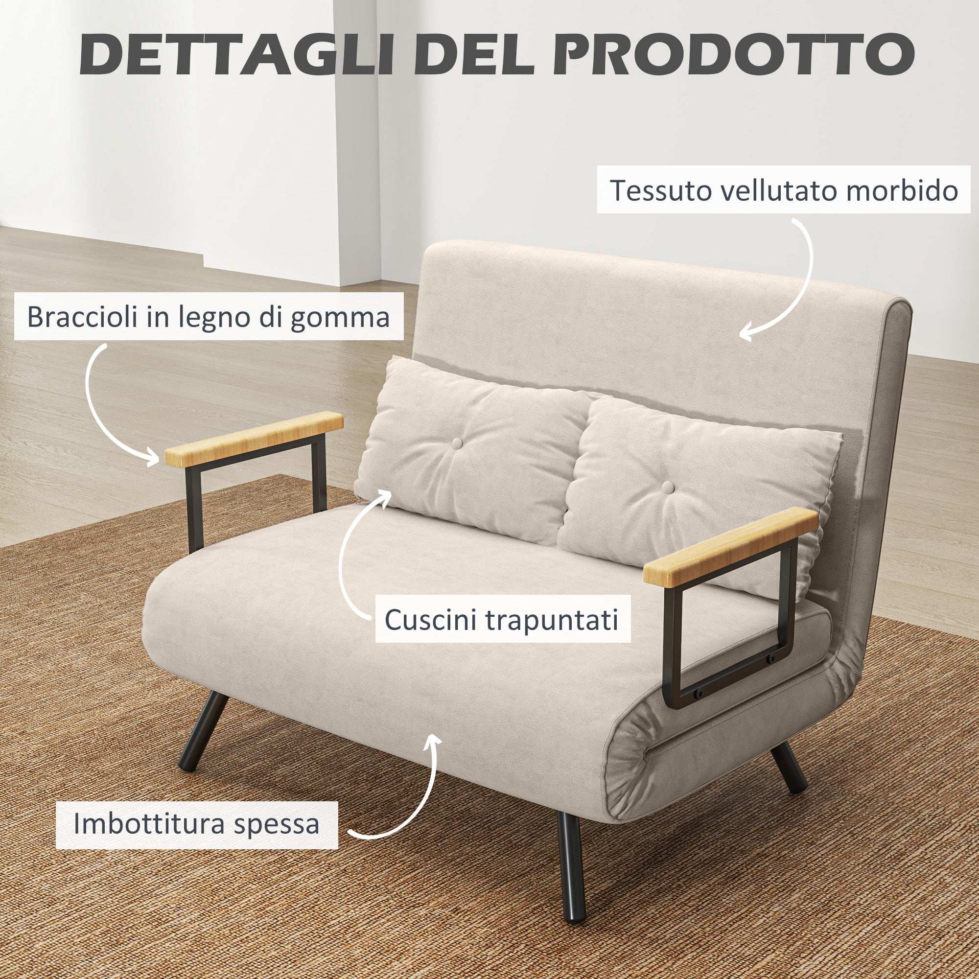 2-Seater Sleeper Sofa with 5-Position Adjustable Backrest, Fold-Out Double Bed with 2 Pillows for Living Room, Upholstered Fabric, Steel and Wood, 102x73x81 cm, Cream