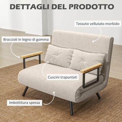 2-Seater Sleeper Sofa with 5-Position Adjustable Backrest, Fold-Out Double Bed with 2 Pillows for Living Room, Upholstered Fabric, Steel and Wood, 102x73x81 cm, Cream