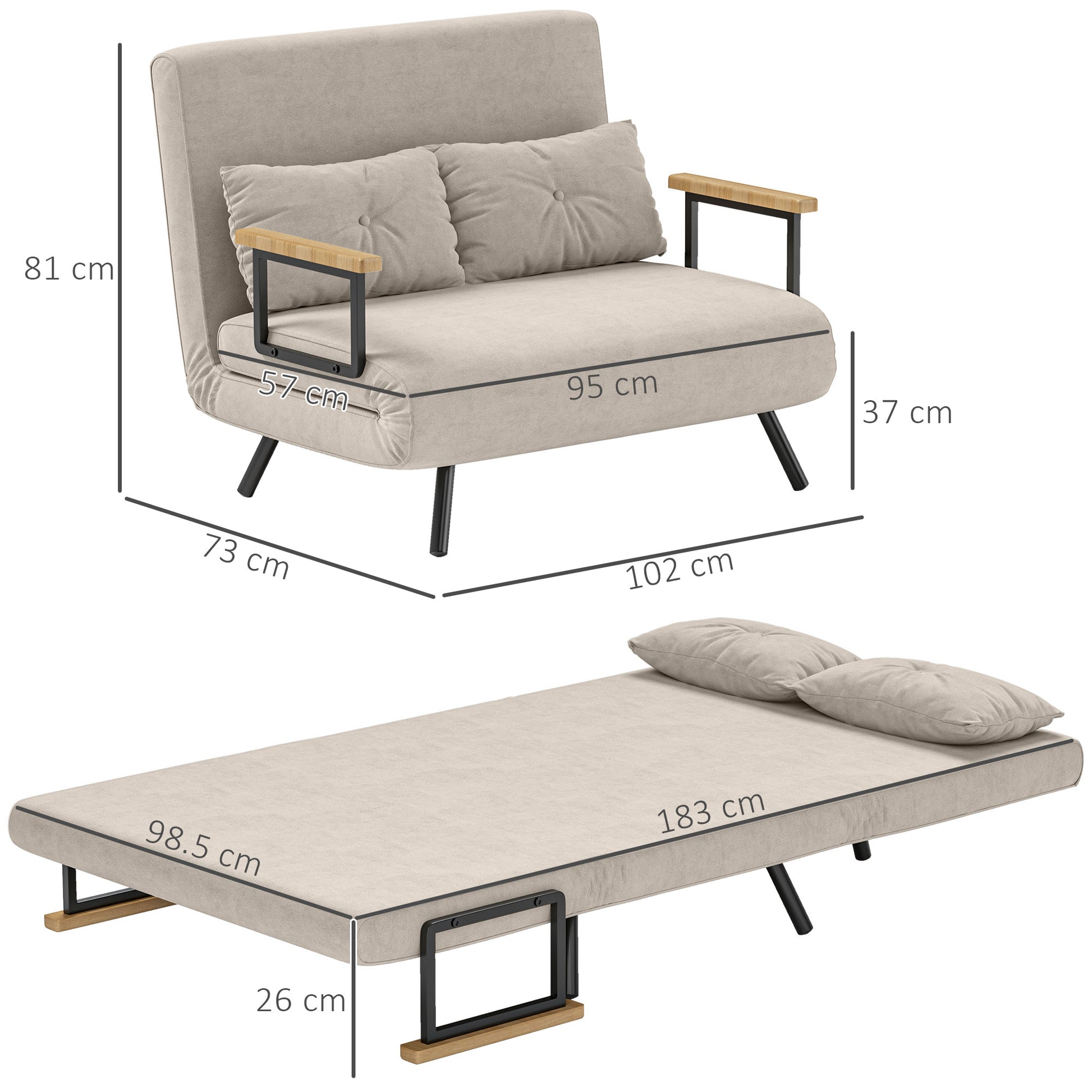 2-Seater Sleeper Sofa with 5-Position Adjustable Backrest, Fold-Out Double Bed with 2 Pillows for Living Room, Upholstered Fabric, Steel and Wood, 102x73x81 cm, Cream