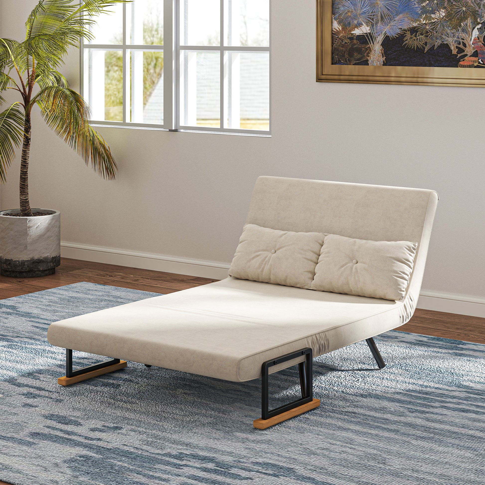 2-Seater Sleeper Sofa with 5-Position Adjustable Backrest, Fold-Out Double Bed with 2 Pillows for Living Room, Upholstered Fabric, Steel and Wood, 102x73x81 cm, Cream