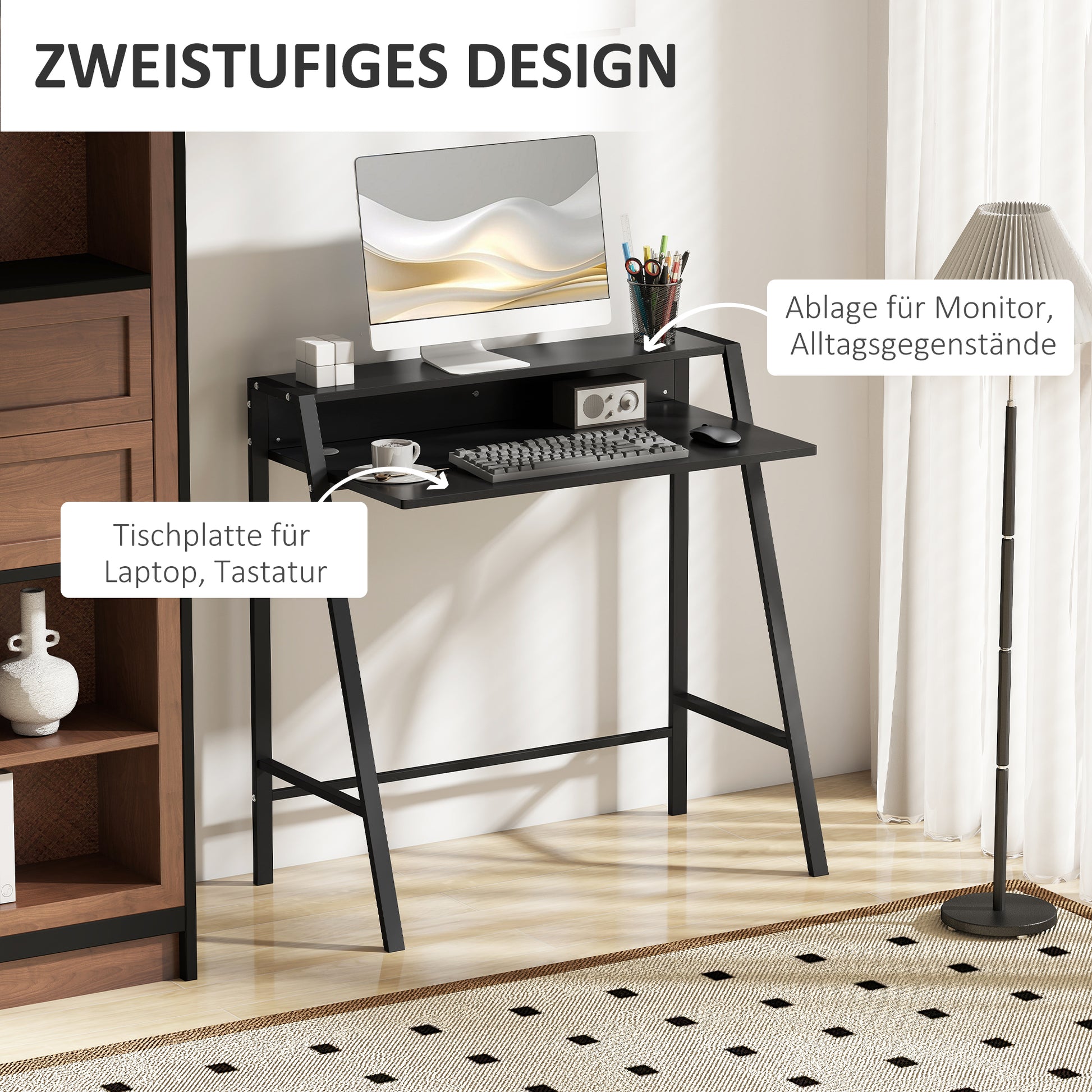 Desk, Computer Desk with Shelf and Cable Management, Modern Desk with Metal Frame for Study, Bedroom, Home Office, 84 x 45 x 85 cm, Black