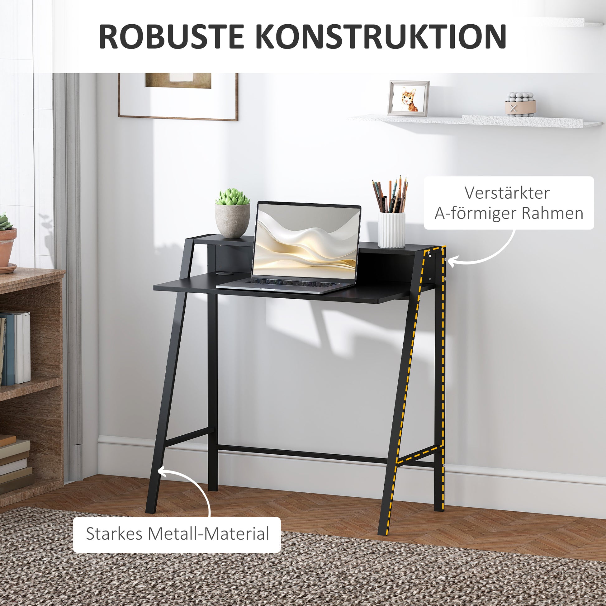 Desk, Computer Desk with Shelf and Cable Management, Modern Desk with Metal Frame for Study, Bedroom, Home Office, 84 x 45 x 85 cm, Black