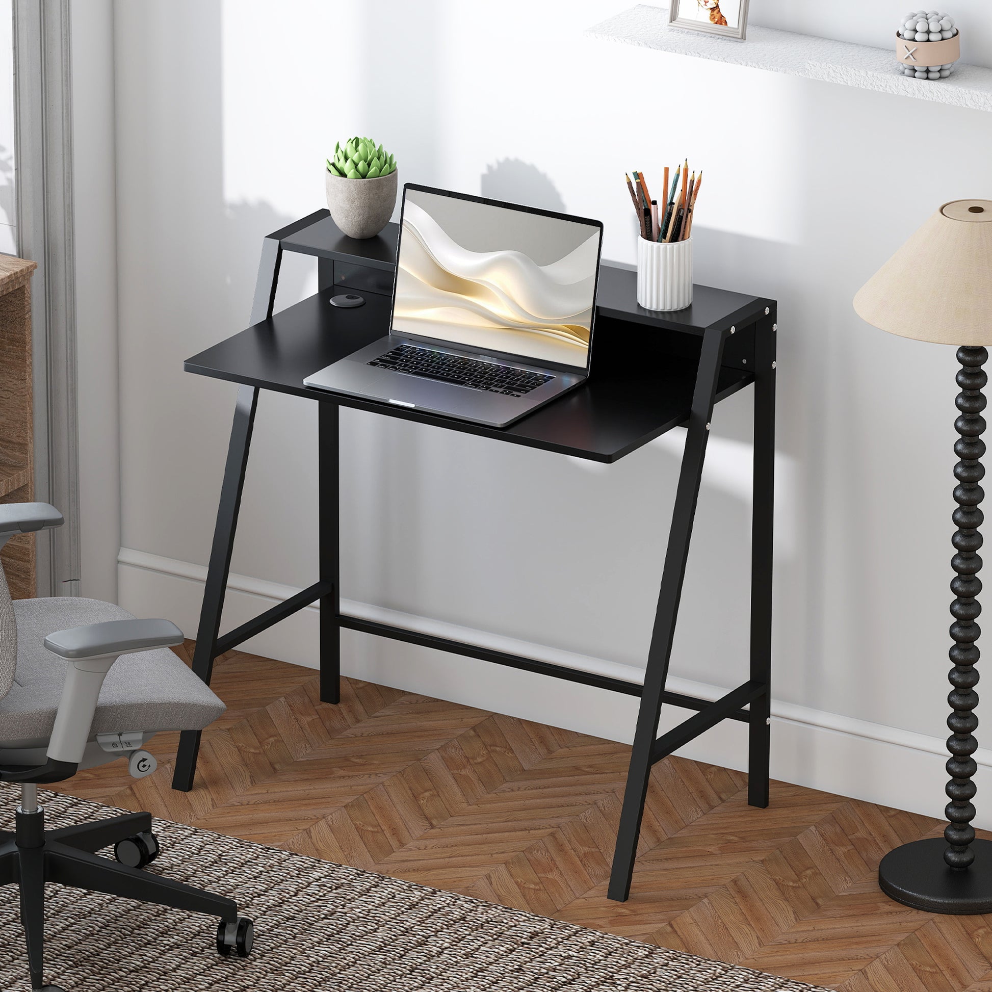 Desk, Computer Desk with Shelf and Cable Management, Modern Desk with Metal Frame for Study, Bedroom, Home Office, 84 x 45 x 85 cm, Black