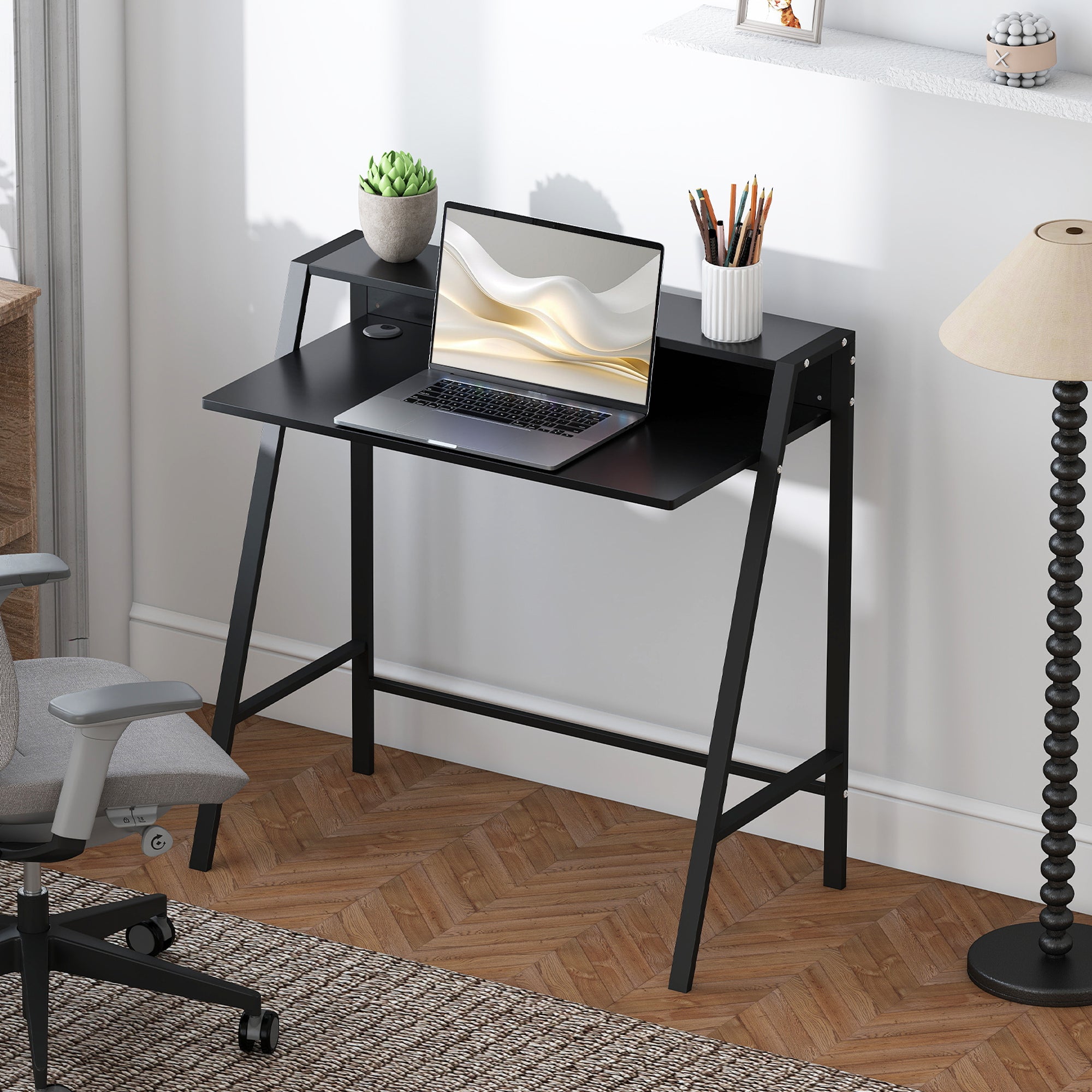 Desk, Computer Desk with Shelf and Cable Management, Modern Desk with Metal Frame for Study, Bedroom, Home Office, 84 x 45 x 85 cm, Black