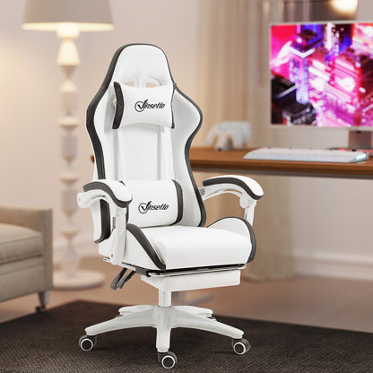 Gaming Chair Racing Gamer Chair in PU Leather with Adjustable Height Reclining 135° Headrest Lumbar Support and Retractable Footrest for Office Study 65x65x121-129 cm White