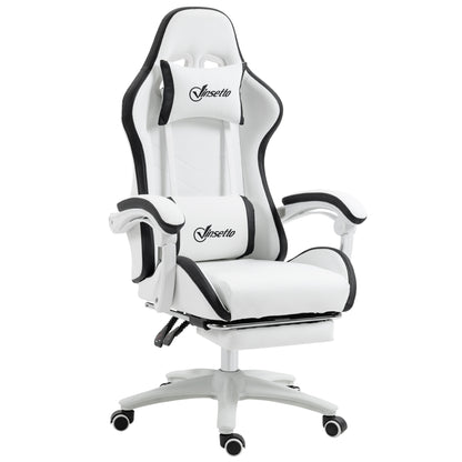 Gaming Chair Racing Gamer Chair in PU Leather with Adjustable Height Reclining 135° Headrest Lumbar Support and Retractable Footrest for Office Study 65x65x121-129 cm White