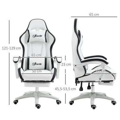Gaming Chair Racing Gamer Chair in PU Leather with Adjustable Height Reclining 135° Headrest Lumbar Support and Retractable Footrest for Office Study 65x65x121-129 cm White