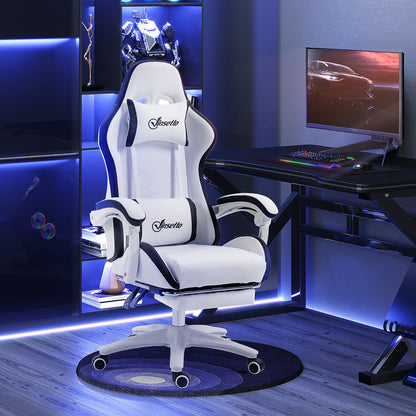 Gaming Chair Racing Gamer Chair in PU Leather with Adjustable Height Reclining 135° Headrest Lumbar Support and Retractable Footrest for Office Study 65x65x121-129 cm White