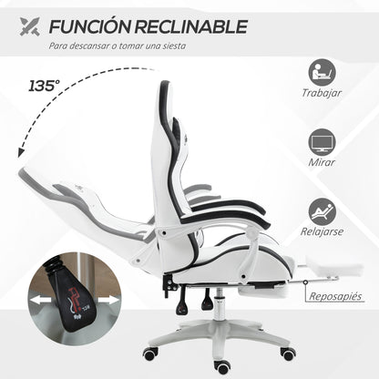 Gaming Chair Racing Gamer Chair in PU Leather with Adjustable Height Reclining 135° Headrest Lumbar Support and Retractable Footrest for Office Study 65x65x121-129 cm White