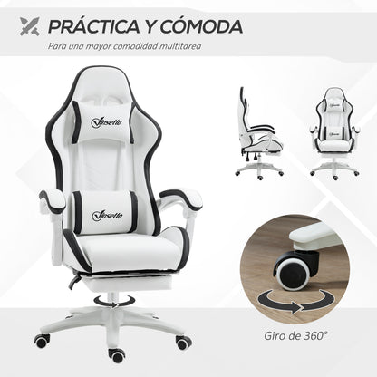 Gaming Chair Racing Gamer Chair in PU Leather with Adjustable Height Reclining 135° Headrest Lumbar Support and Retractable Footrest for Office Study 65x65x121-129 cm White