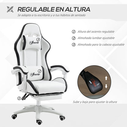 Gaming Chair Racing Gamer Chair in PU Leather with Adjustable Height Reclining 135° Headrest Lumbar Support and Retractable Footrest for Office Study 65x65x121-129 cm White