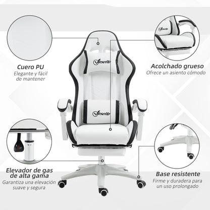 Gaming Chair Racing Gamer Chair in PU Leather with Adjustable Height Reclining 135° Headrest Lumbar Support and Retractable Footrest for Office Study 65x65x121-129 cm White