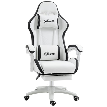 Gaming Chair Racing Gamer Chair in PU Leather with Adjustable Height Reclining 135° Headrest Lumbar Support and Retractable Footrest for Office Study 65x65x121-129 cm White