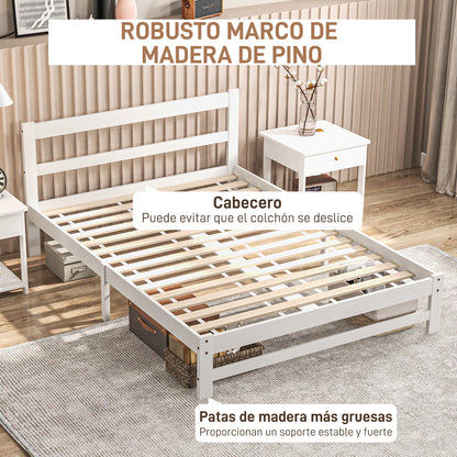 Wooden Bed Frame 195x141 cm Double Bed Frame for 135x190 cm Mattress (not included) 300 kg Load White