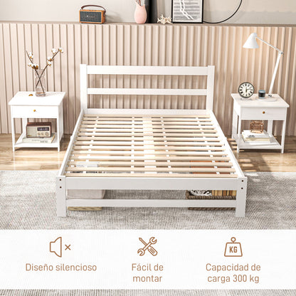 Wooden Bed Frame 195x141 cm Double Bed Frame for 135x190 cm Mattress (not included) 300 kg Load White