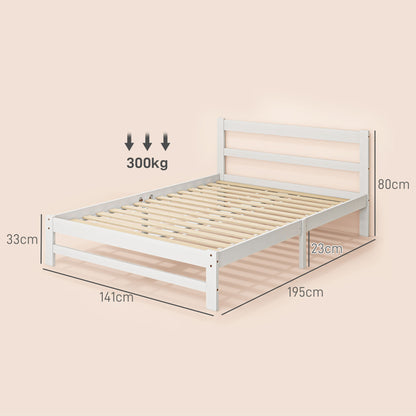 Wooden Bed Frame 195x141 cm Double Bed Frame for 135x190 cm Mattress (not included) 300 kg Load White