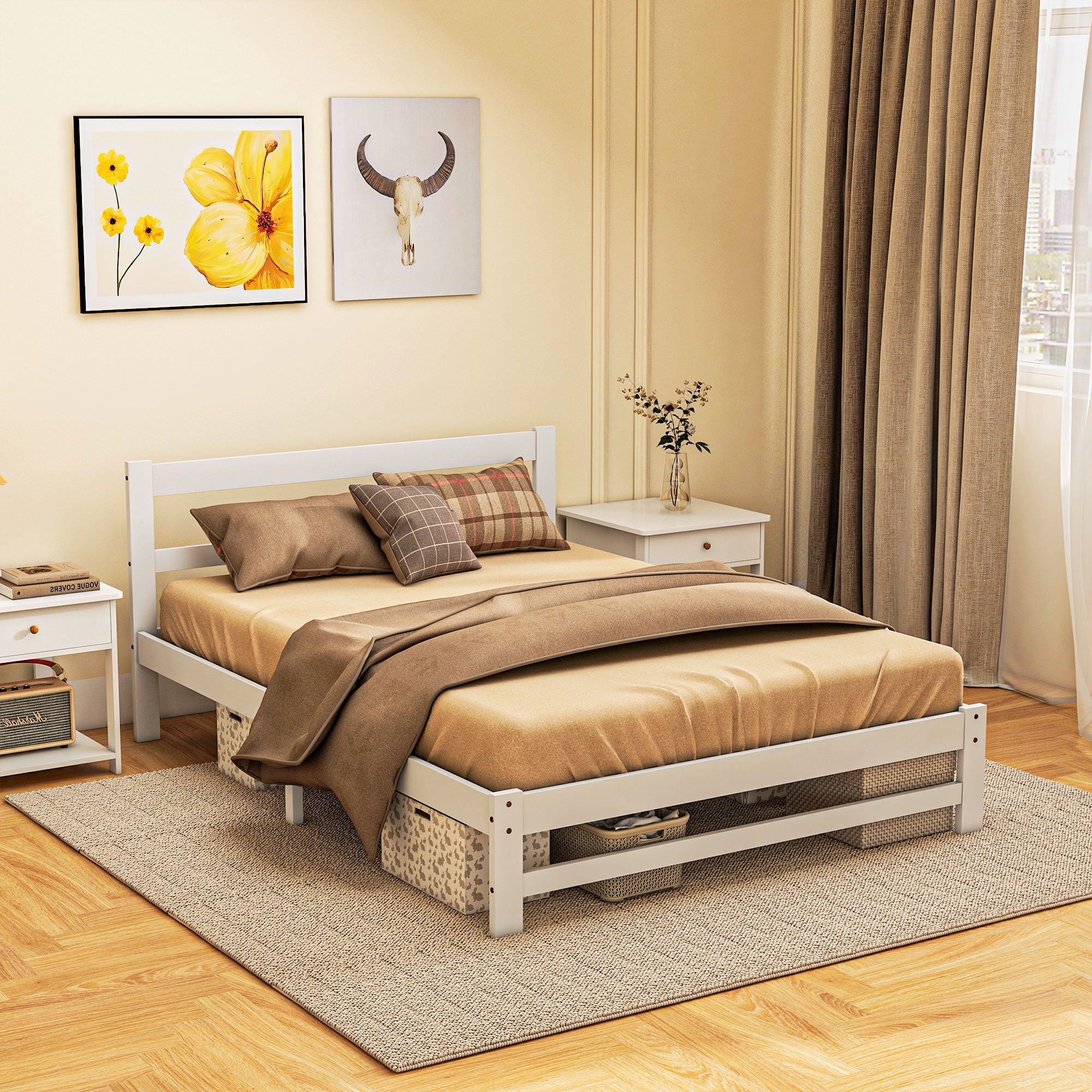 Wooden Bed Frame 195x141 cm Double Bed Frame for 135x190 cm Mattress (not included) 300 kg Load White