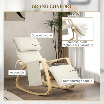 Rocking Chair Nursing Relax Lounge Chair with Adjustable Footrest, Side Pocket, and Headrest, Rocking Chair for Bedroom, 67 x 110 x 91 cm Cream