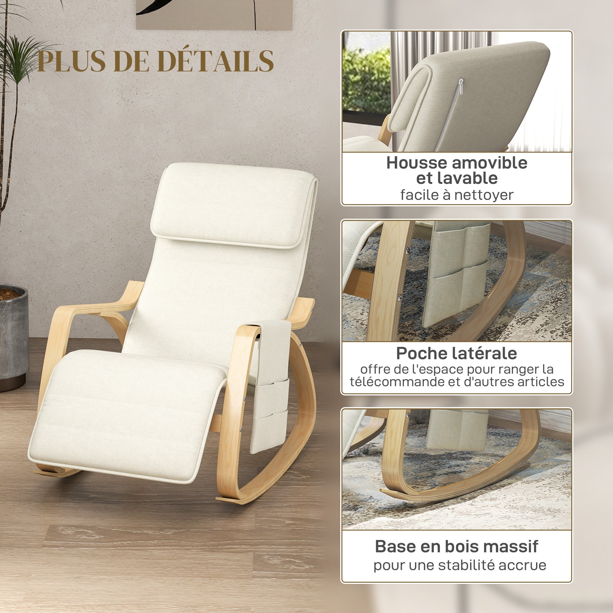 Rocking Chair Nursing Relax Lounge Chair with Adjustable Footrest, Side Pocket, and Headrest, Rocking Chair for Bedroom, 67 x 110 x 91 cm Cream