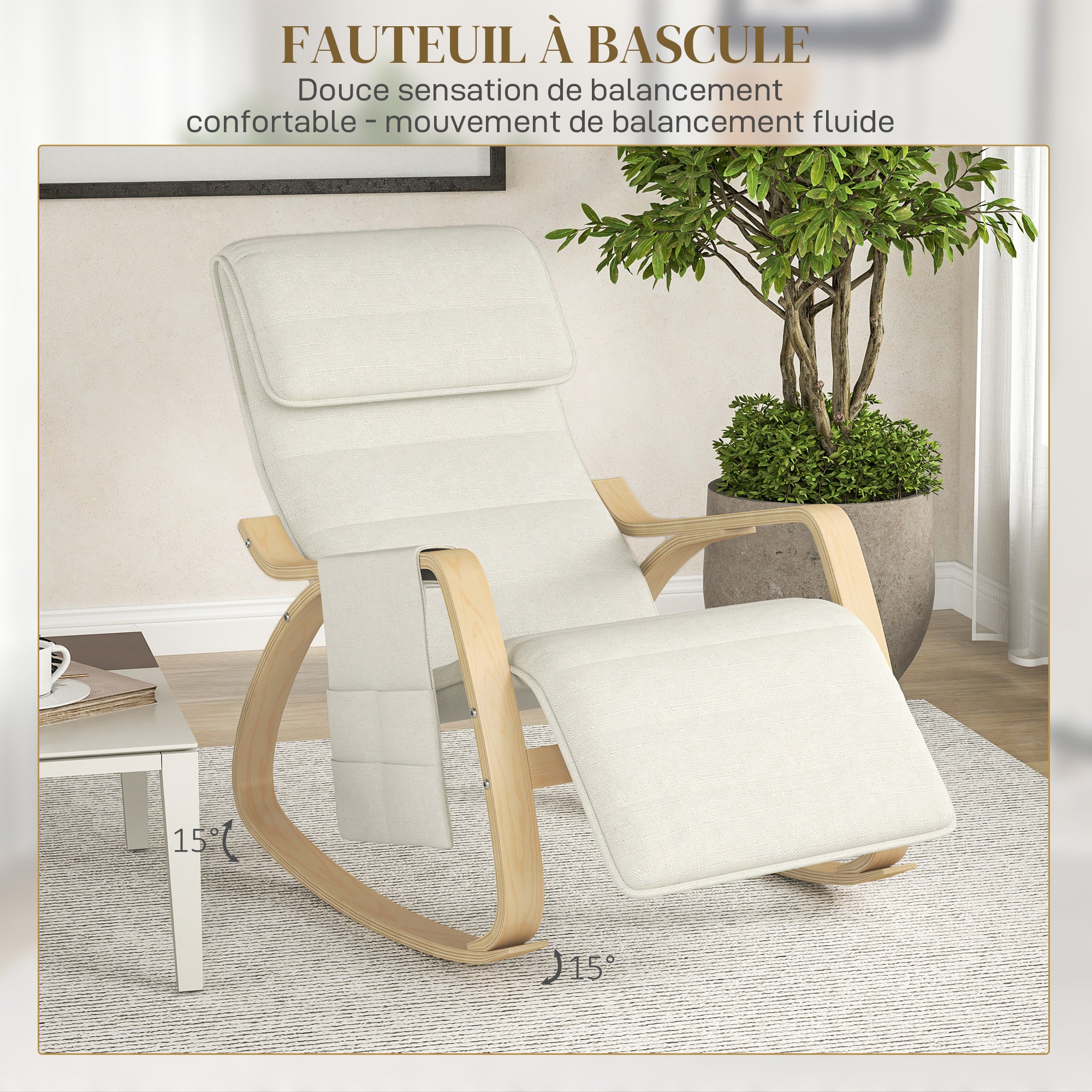 Rocking Chair Nursing Relax Lounge Chair with Adjustable Footrest, Side Pocket, and Headrest, Rocking Chair for Bedroom, 67 x 110 x 91 cm Cream