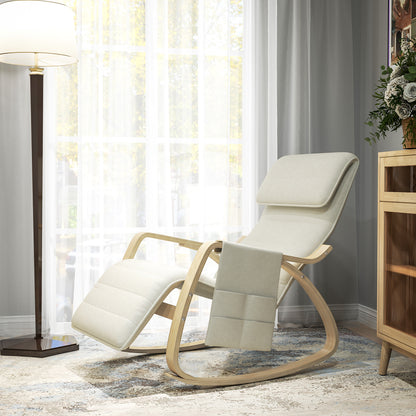 Rocking Chair Nursing Relax Lounge Chair with Adjustable Footrest, Side Pocket, and Headrest, Rocking Chair for Bedroom, 67 x 110 x 91 cm Cream