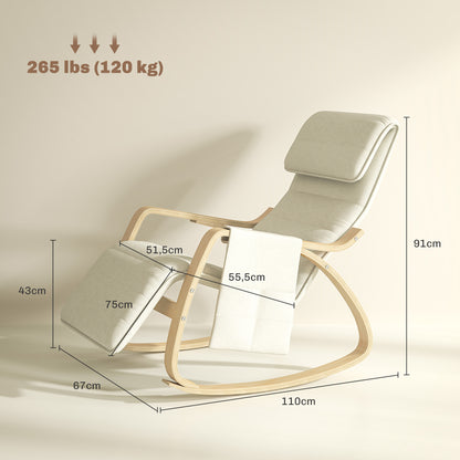 Rocking Chair Nursing Relax Lounge Chair with Adjustable Footrest, Side Pocket, and Headrest, Rocking Chair for Bedroom, 67 x 110 x 91 cm Cream
