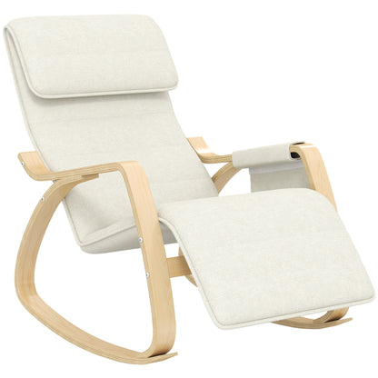 Rocking Chair Nursing Relax Lounge Chair with Adjustable Footrest, Side Pocket, and Headrest, Rocking Chair for Bedroom, 67 x 110 x 91 cm Cream