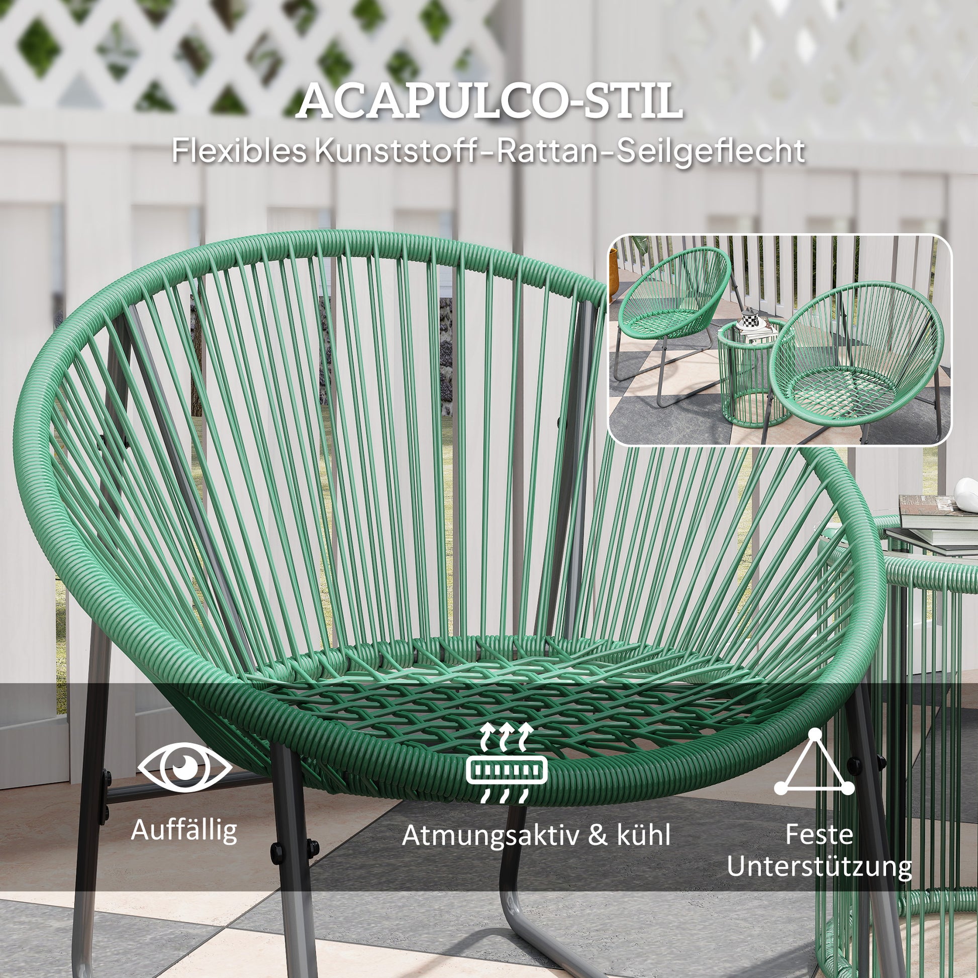 Poly Rattan Garden Furniture Set, Outdoor Balcony Furniture for 2 People, 3-Piece Bistro Set Seating Group with 2 Chairs, Side Table, Seat Cushions, Weatherproof Garden Furniture for Garden, Balcony, Green