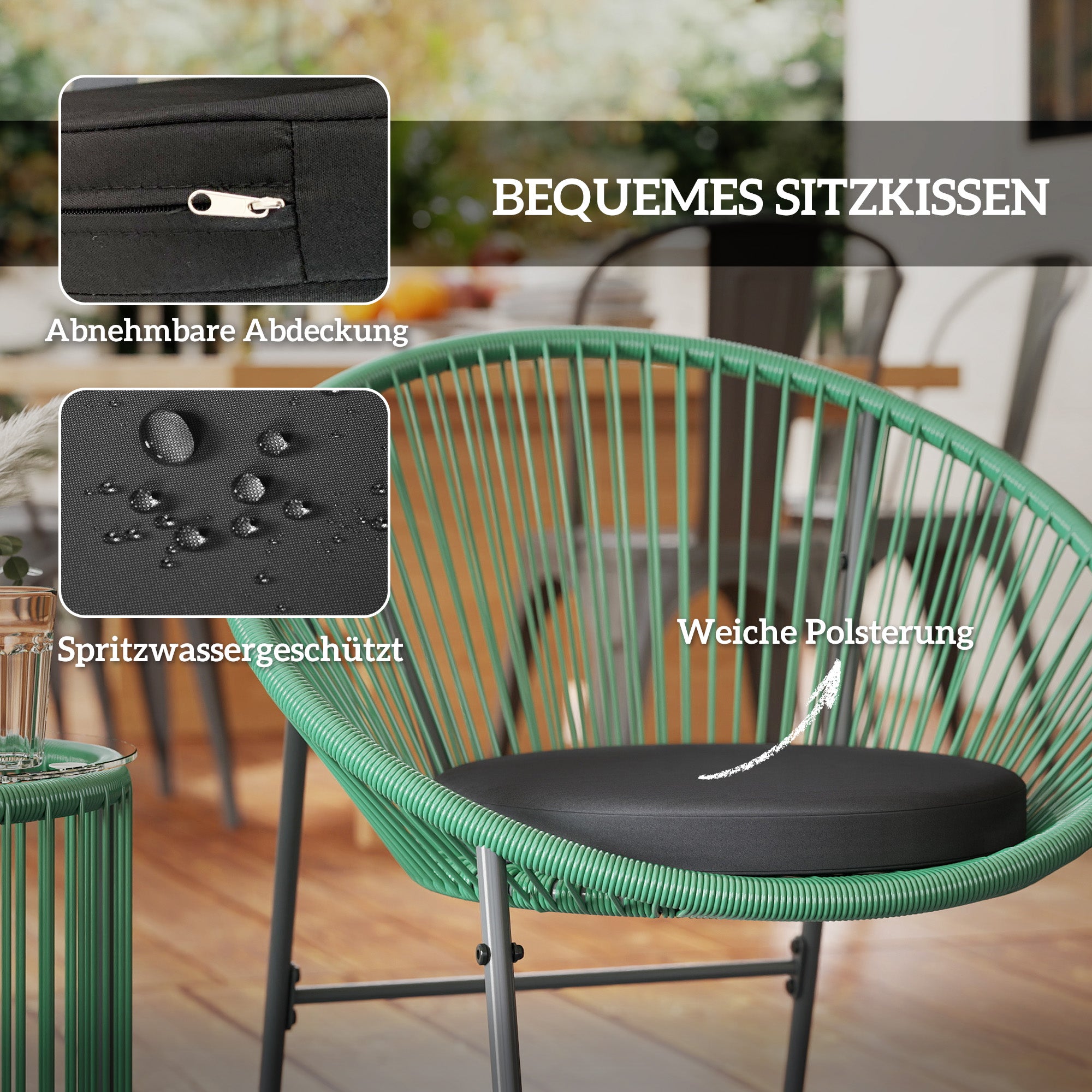 Poly Rattan Garden Furniture Set, Outdoor Balcony Furniture for 2 People, 3-Piece Bistro Set Seating Group with 2 Chairs, Side Table, Seat Cushions, Weatherproof Garden Furniture for Garden, Balcony, Green
