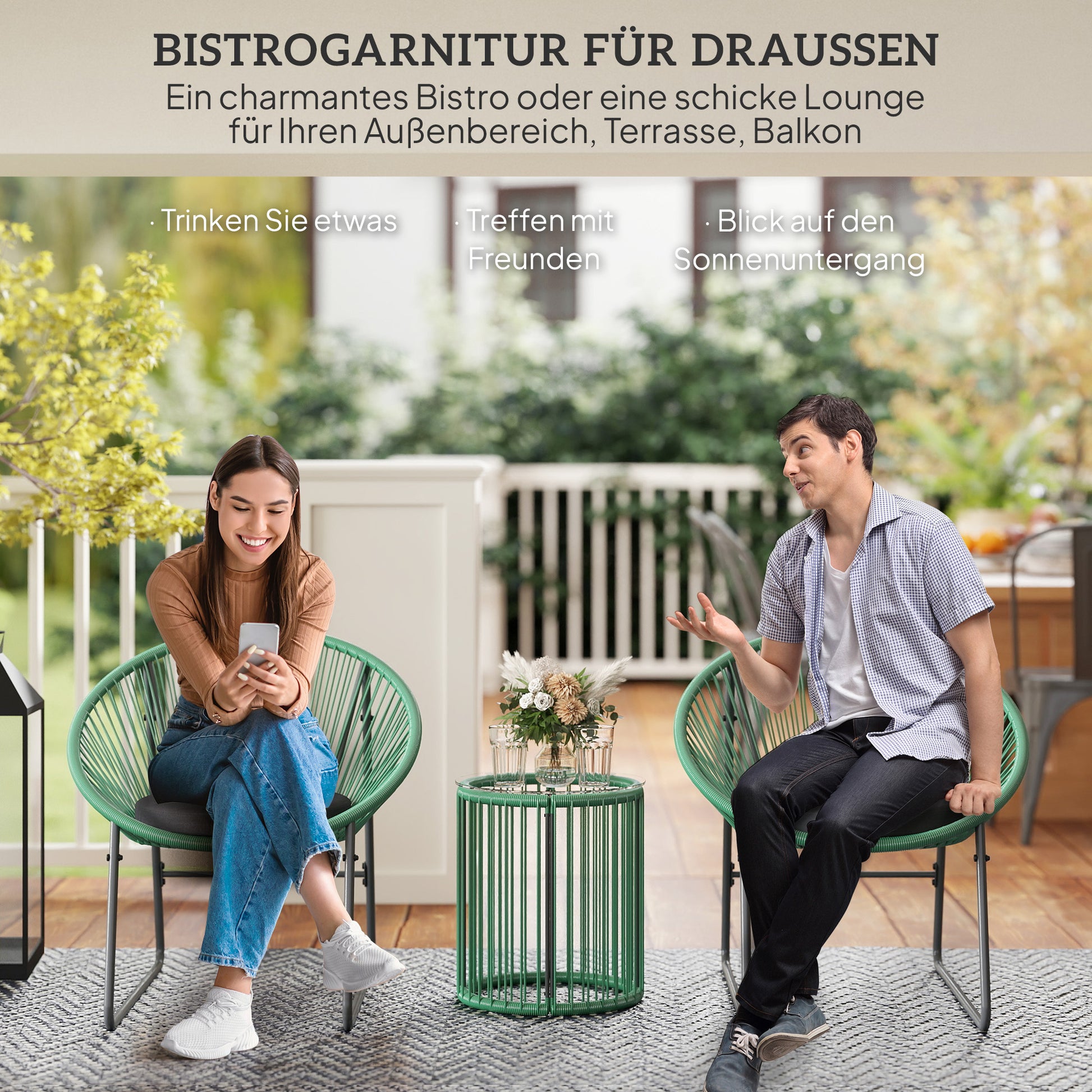 Poly Rattan Garden Furniture Set, Outdoor Balcony Furniture for 2 People, 3-Piece Bistro Set Seating Group with 2 Chairs, Side Table, Seat Cushions, Weatherproof Garden Furniture for Garden, Balcony, Green