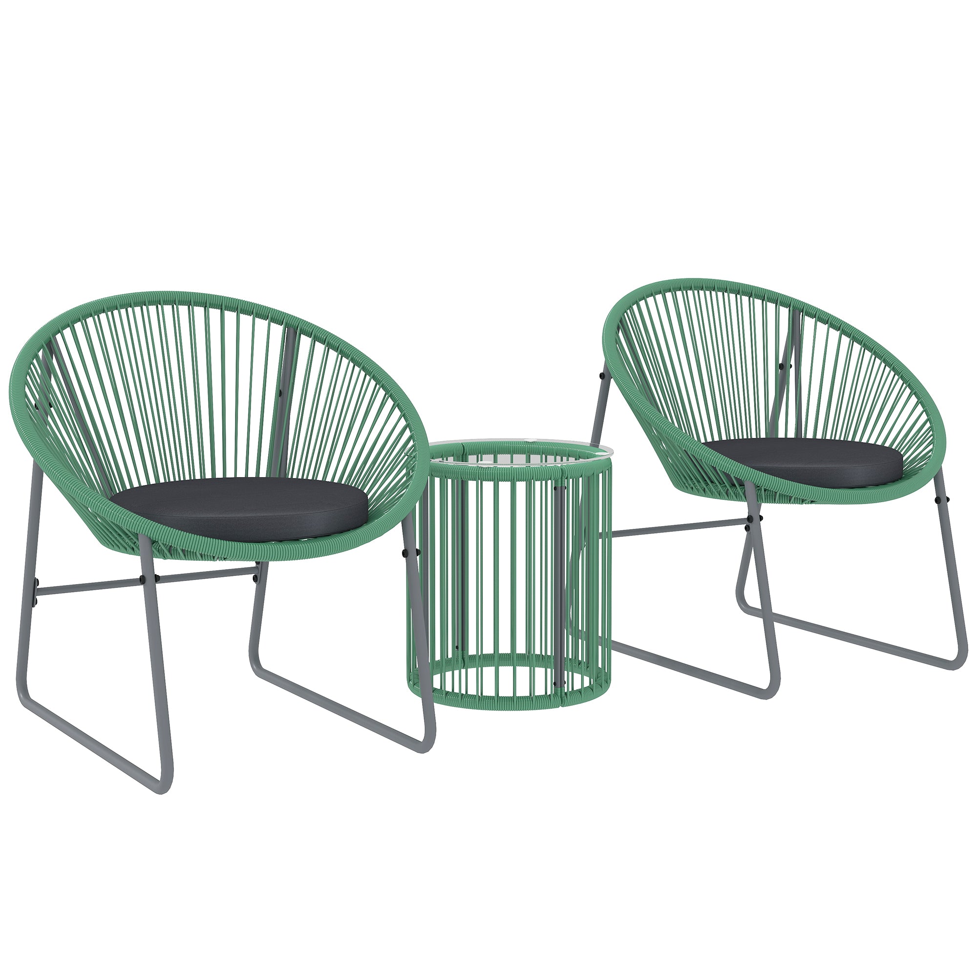 Poly Rattan Garden Furniture Set, Outdoor Balcony Furniture for 2 People, 3-Piece Bistro Set Seating Group with 2 Chairs, Side Table, Seat Cushions, Weatherproof Garden Furniture for Garden, Balcony, Green