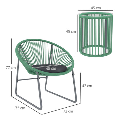 Poly Rattan Garden Furniture Set, Outdoor Balcony Furniture for 2 People, 3-Piece Bistro Set Seating Group with 2 Chairs, Side Table, Seat Cushions, Weatherproof Garden Furniture for Garden, Balcony, Green