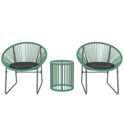 Poly Rattan Garden Furniture Set, Outdoor Balcony Furniture for 2 People, 3-Piece Bistro Set Seating Group with 2 Chairs, Side Table, Seat Cushions, Weatherproof Garden Furniture for Garden, Balcony, Green
