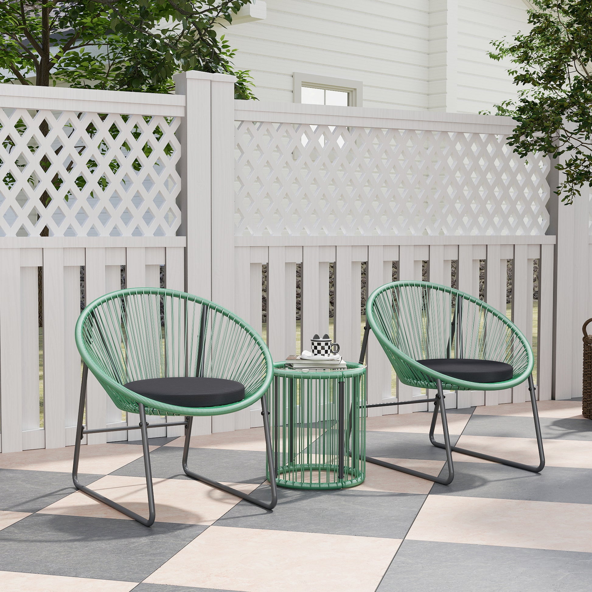Poly Rattan Garden Furniture Set, Outdoor Balcony Furniture for 2 People, 3-Piece Bistro Set Seating Group with 2 Chairs, Side Table, Seat Cushions, Weatherproof Garden Furniture for Garden, Balcony, Green