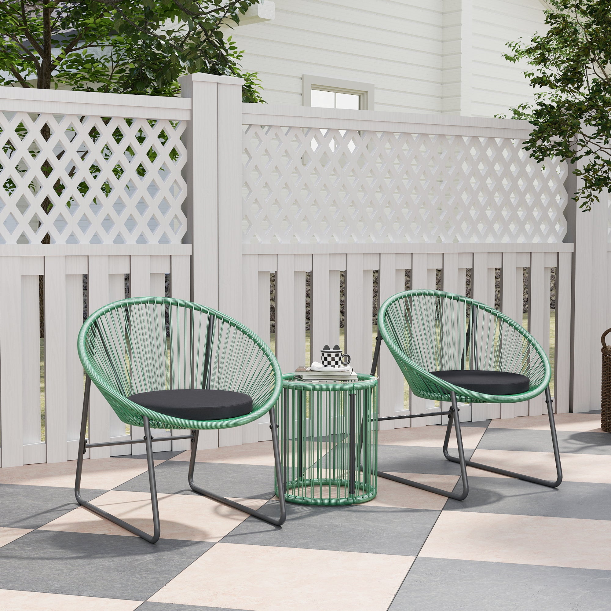 Poly Rattan Garden Furniture Set, Outdoor Balcony Furniture for 2 People, 3-Piece Bistro Set Seating Group with 2 Chairs, Side Table, Seat Cushions, Weatherproof Garden Furniture for Garden, Balcony, Green