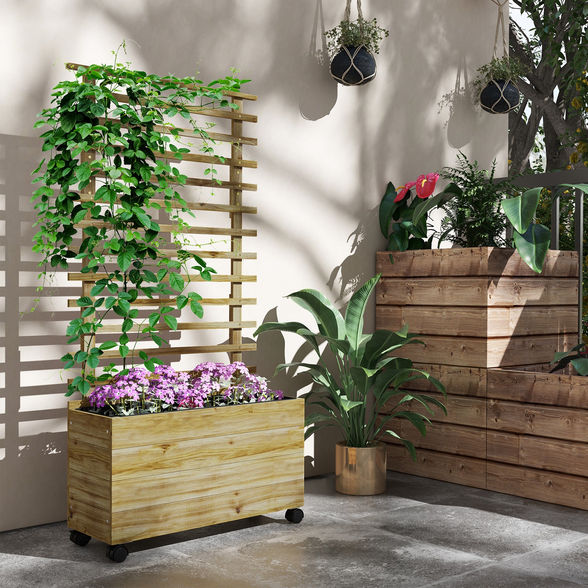 Raised Bed Planter with Trellis, Wheels, Wooden Planter Box, Garden Trellis 76x30x155cm for Garden Balcony Terrace, Planter for Climbing Plants Basket Plants, Flowers