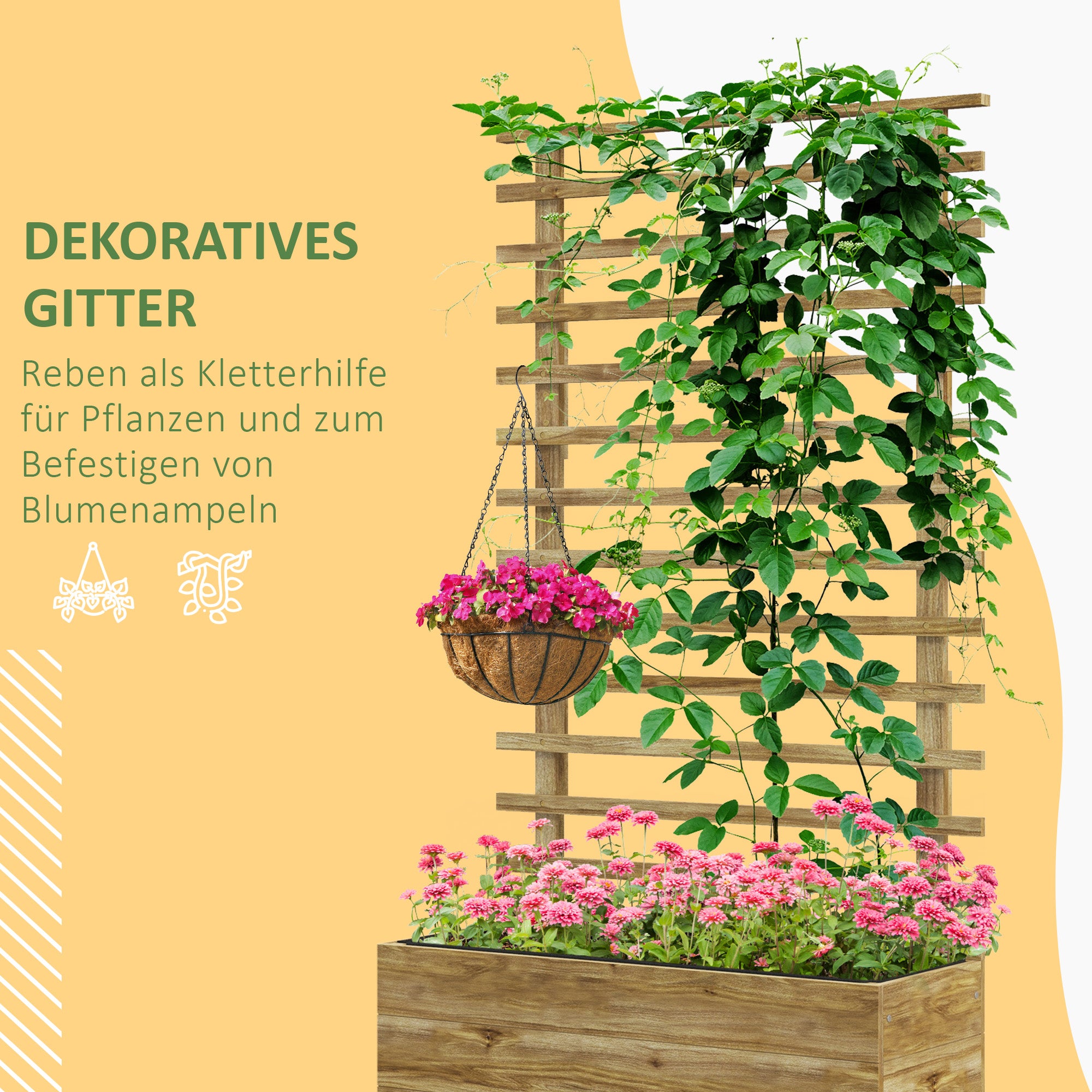 Raised Bed Planter with Trellis, Wheels, Wooden Planter Box, Garden Trellis 76x30x155cm for Garden Balcony Terrace, Planter for Climbing Plants Basket Plants, Flowers