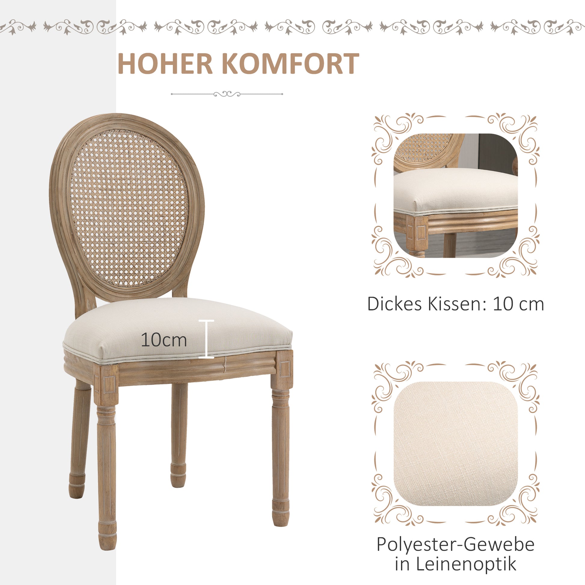 Dining Chairs Set of 2 Kitchen Chair with Rattan Backrest, Linen Look, Upholstered Chair in French Style, for Living Room, Dining Room, Cream White + Natural