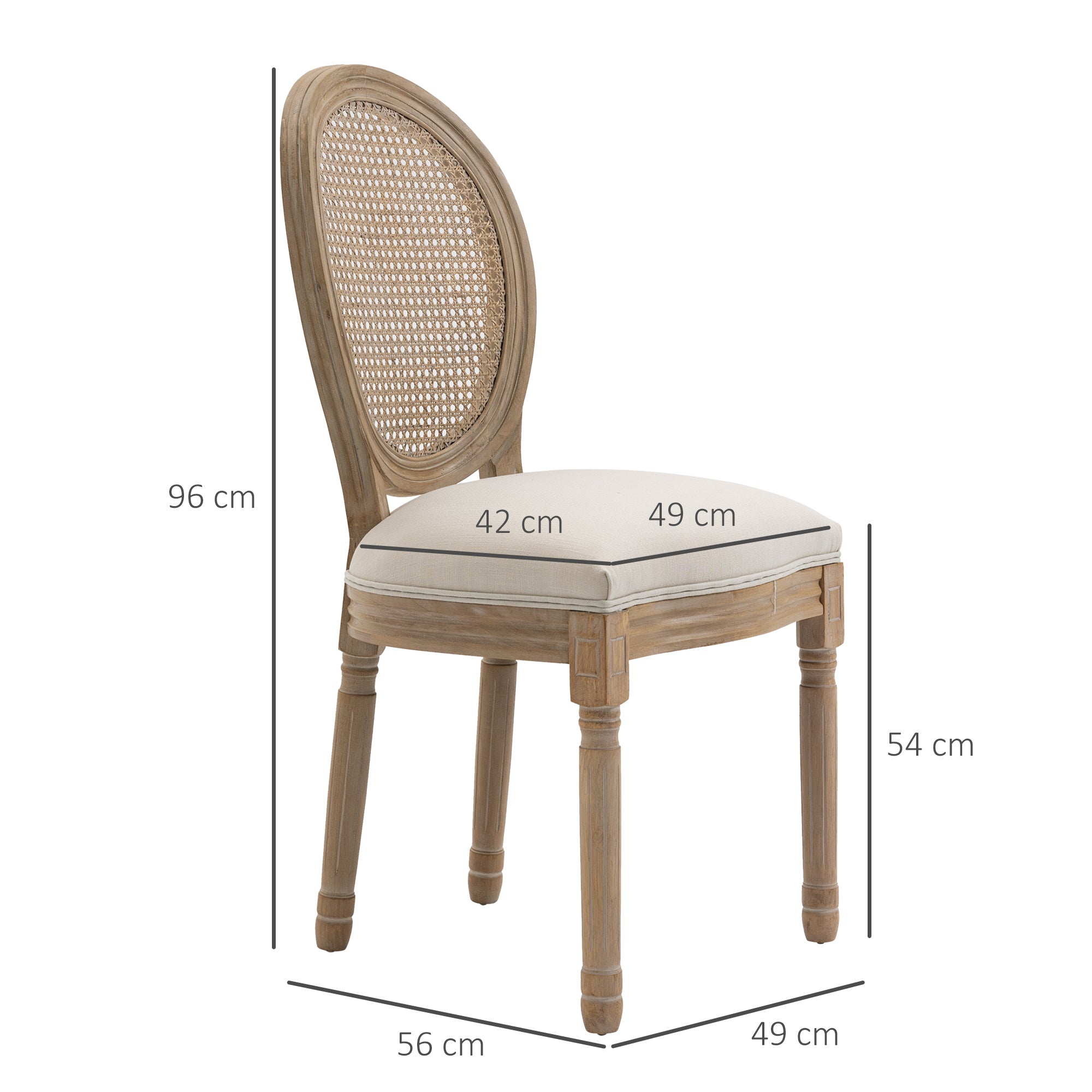 Dining Chairs Set of 2 Kitchen Chair with Rattan Backrest, Linen Look, Upholstered Chair in French Style, for Living Room, Dining Room, Cream White + Natural