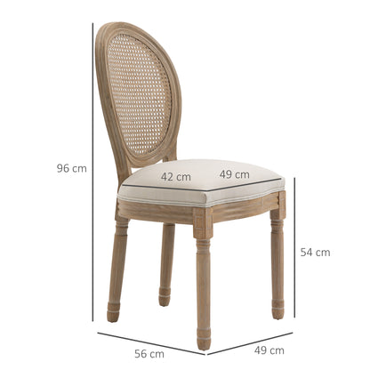 Dining Chairs Set of 2 Kitchen Chair with Rattan Backrest, Linen Look, Upholstered Chair in French Style, for Living Room, Dining Room, Cream White + Natural