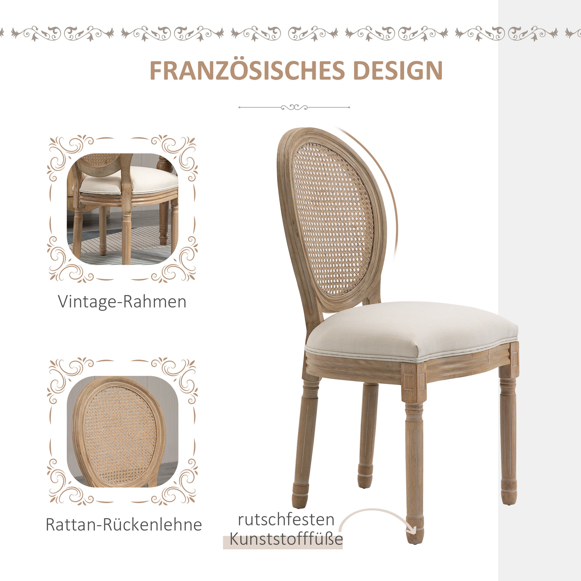 Dining Chairs Set of 2 Kitchen Chair with Rattan Backrest, Linen Look, Upholstered Chair in French Style, for Living Room, Dining Room, Cream White + Natural