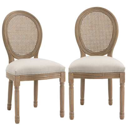 Dining Chairs Set of 2 Kitchen Chair with Rattan Backrest, Linen Look, Upholstered Chair in French Style, for Living Room, Dining Room, Cream White + Natural