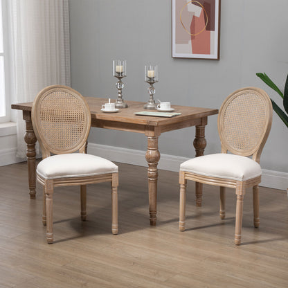 Dining Chairs Set of 2 Kitchen Chair with Rattan Backrest, Linen Look, Upholstered Chair in French Style, for Living Room, Dining Room, Cream White + Natural