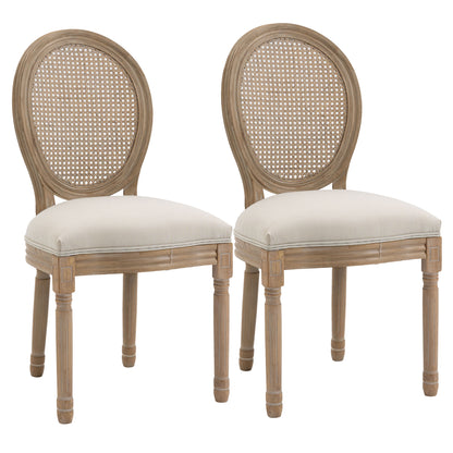 Dining Chairs Set of 2 Kitchen Chair with Rattan Backrest, Linen Look, Upholstered Chair in French Style, for Living Room, Dining Room, Cream White + Natural