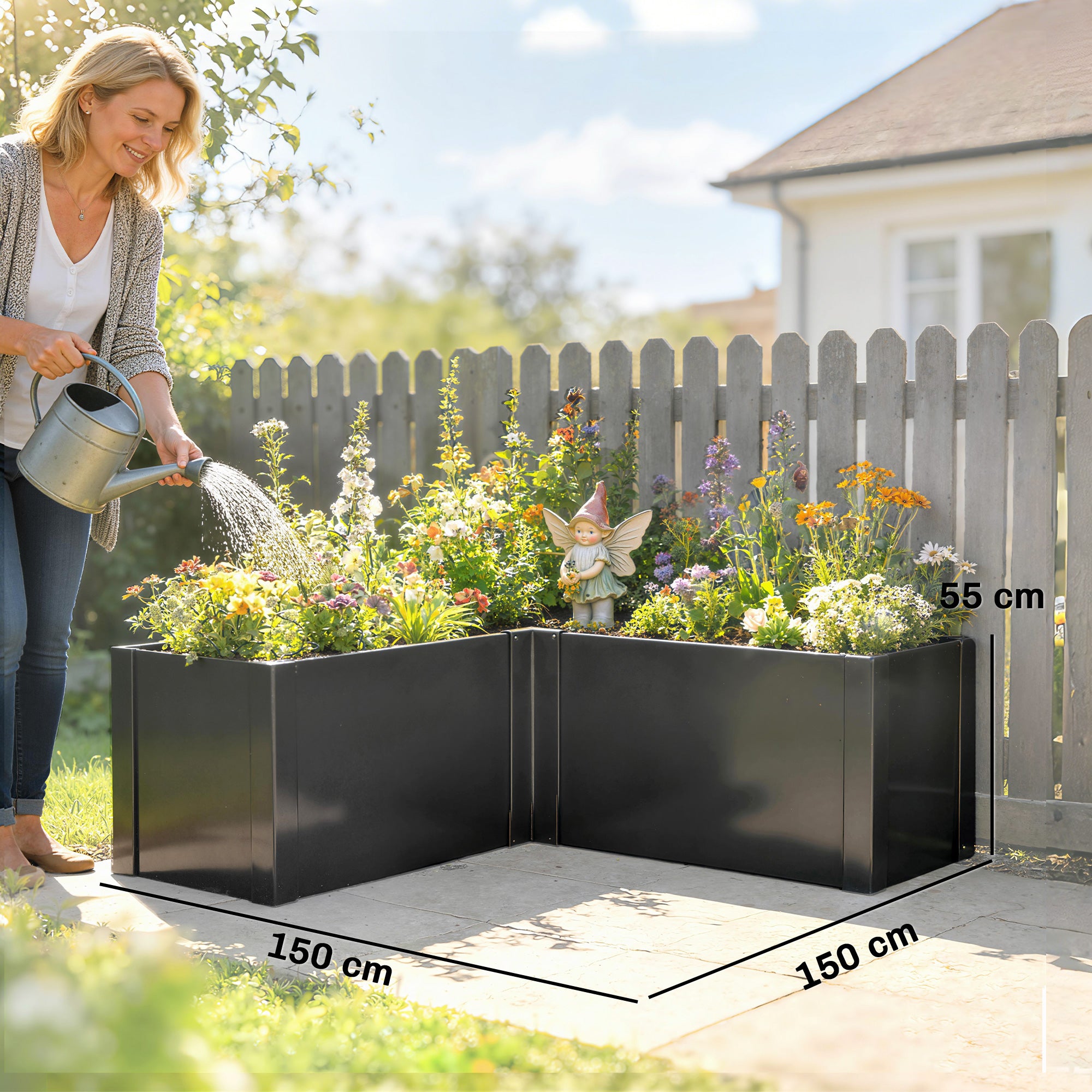 L-Shaped Galvanized Steel Raised Garden Bed – Weatherproof Corner Planter for Patio & Garden, 59 x 59 x 21.7 in (150 x 150 x 55 cm)