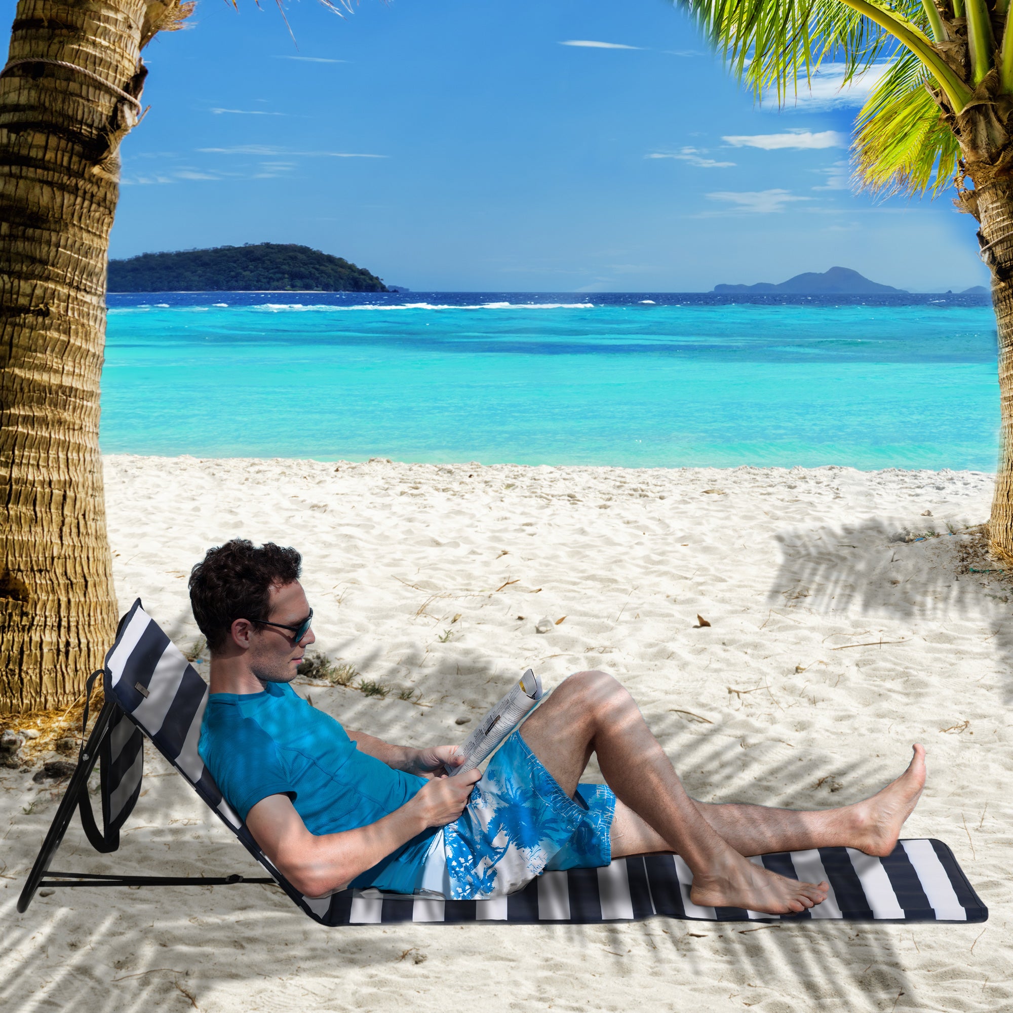 2-Pack Beach Mat, Foldable Beach Chair with Carrying Bag, Reclining Lounge Chair with Adjustable Backrest, Sun Lounger 110 kg Load, Beach Mattress, Magazine Pocket for Garden Outdoor, Blue + White