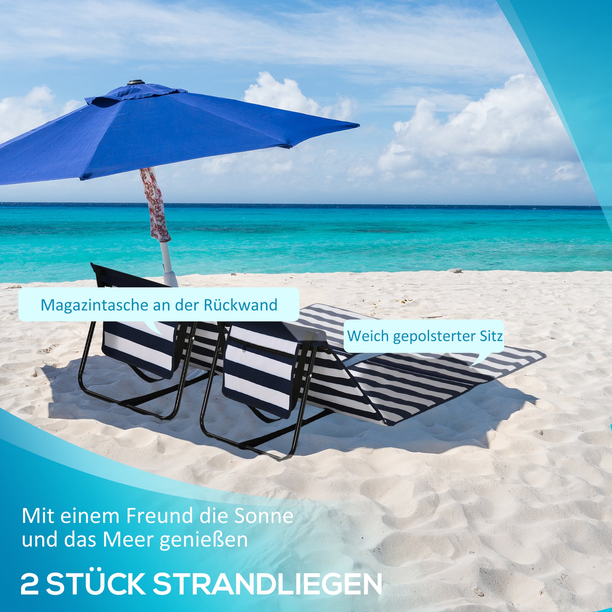 2-Pack Beach Mat, Foldable Beach Chair with Carrying Bag, Reclining Lounge Chair with Adjustable Backrest, Sun Lounger 110 kg Load, Beach Mattress, Magazine Pocket for Garden Outdoor, Blue + White